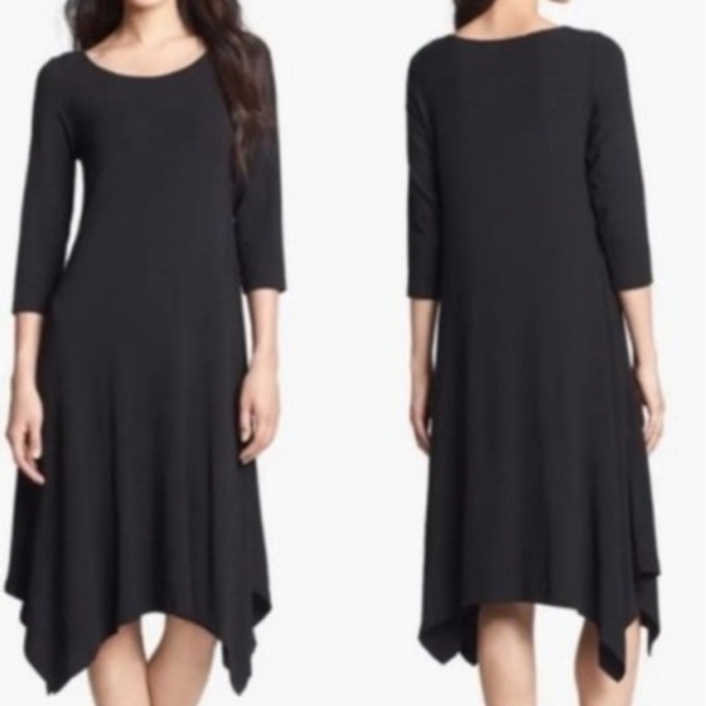 Umgee Women’s Midi Dress Medium Black Stretch Longline Asymmetrical Lagenlook